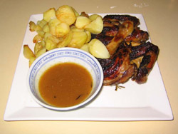Lemon Thyme Spring Chicken, Gravy and Garlic Roasted Potatoes
